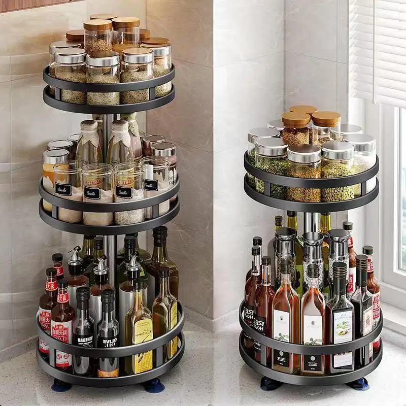 Multifunction Kitchen 3-layer Rotating Tray Storage Organizer Carbon Steel Spices Container Set Rack Jar Cans For Accessories
