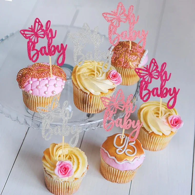 YOMDID 24 Uds Oh Baby mariposa Cupcake Toppers despedida de soltera boda Cupcake Toppers Multicolor brillante mariposas decorativas