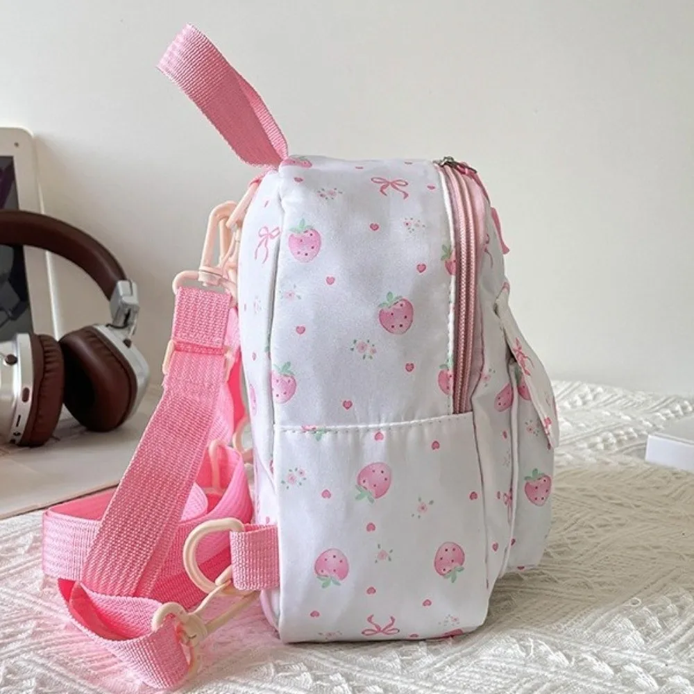 Kawaii Lightweight Mini Backpack Strawberry Polyester Bowknot Printed Bag Simple Small Daypack Outdoor