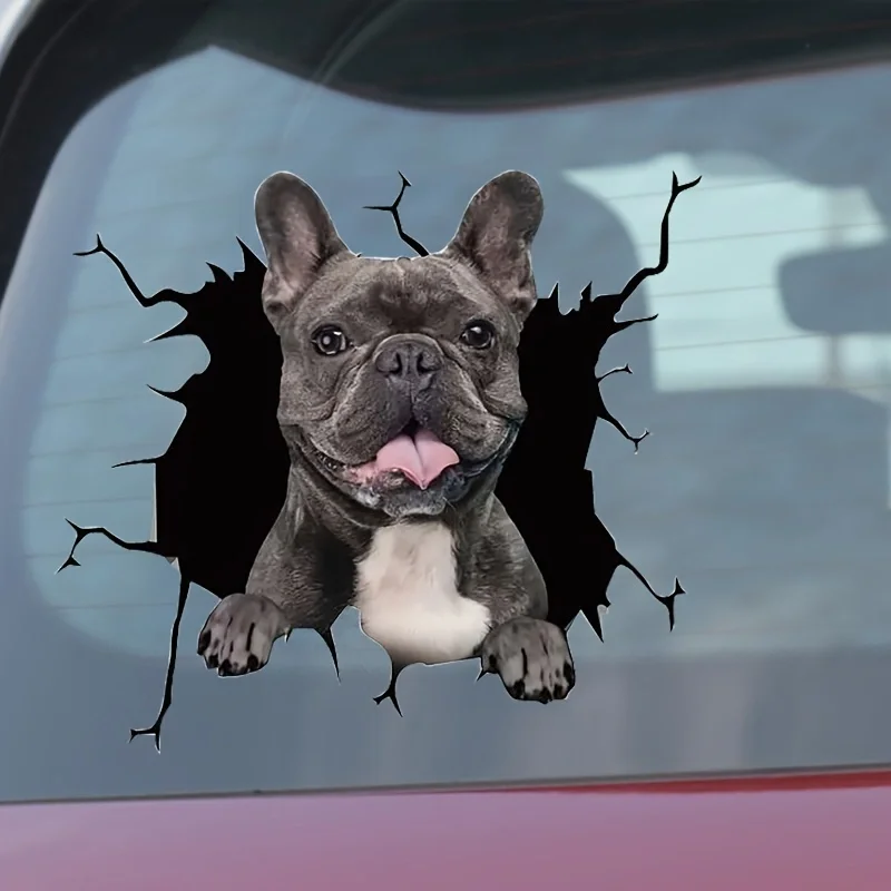 Car Sticker Auto Rear Window Puppy Broken Window Sticker Electrostatic 3D Simulation French Bulldog Car Sticker Vinyl Decals