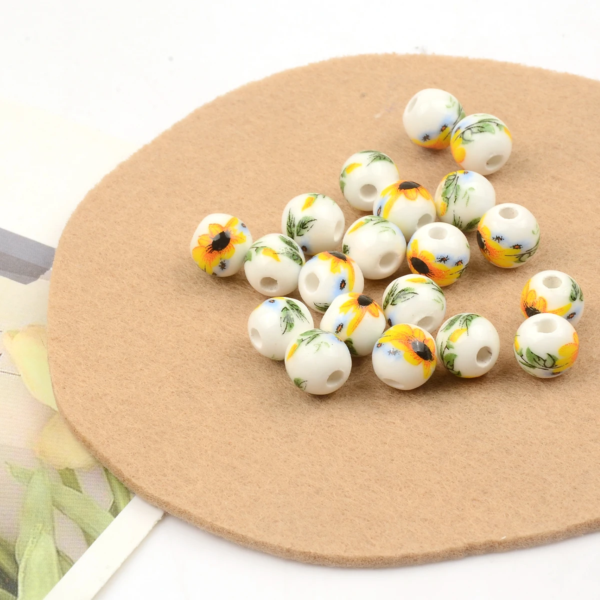 20pcs 8mm Big Hole Sunflower Patterns Round Ceramic Porcelain Loose Spacer Beads for Jewelry Making DIY Bracelet