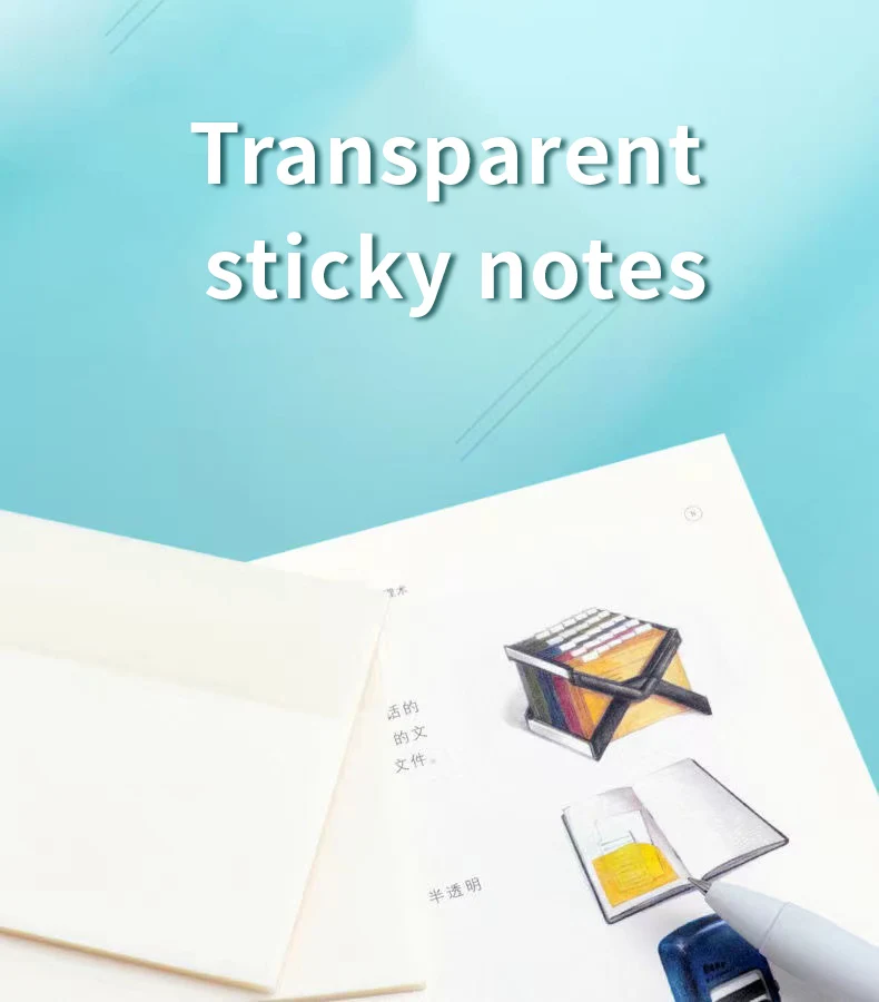 50 Blatt transparente PET-Haftnotizen, Perspektive, wasserfest, klare Fluoreszenz, Notizblock, Schreibwaren, Schule, Bürobedarf – Detail 1