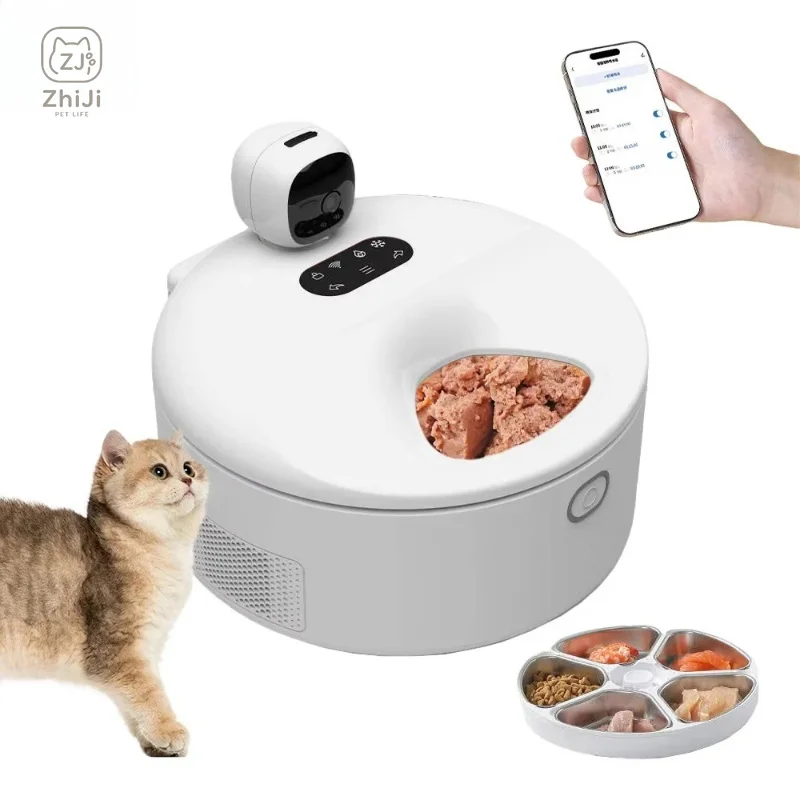 Custom Smart 5 Meals Pet Wet Food Feeder WIFI APP Control Camera Cat Wet Food Dispenser Anti-jamming Automatic Dog Cat Feeder