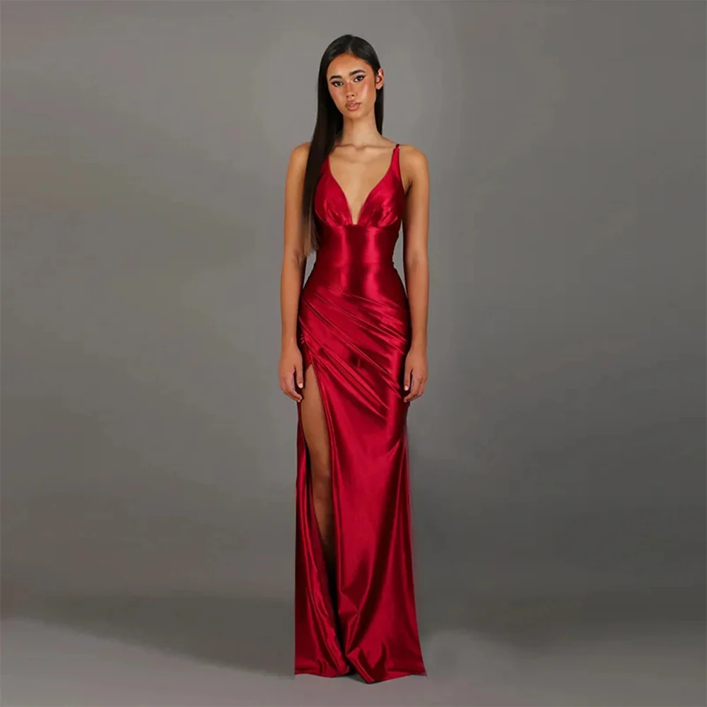 

Customized Elegant Charmeuse Criss-Cross Pleat Straight Spaghetti strap Long Dresses Bespoke Occasion Dresses Fashion Sexy Retro