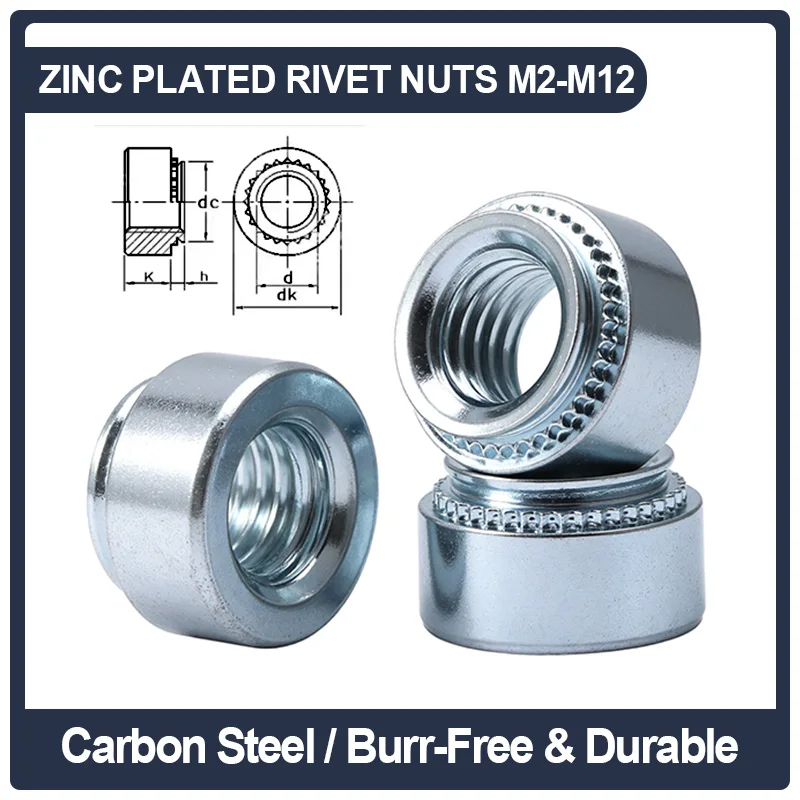 Zinc Plated Carbon Steel Rivet Nuts S Type Press Fit Nuts Sheet Metal Standoff Fasteners Grade 4.8 S-M2.5 M3 M4 M5 M6 M8 M10