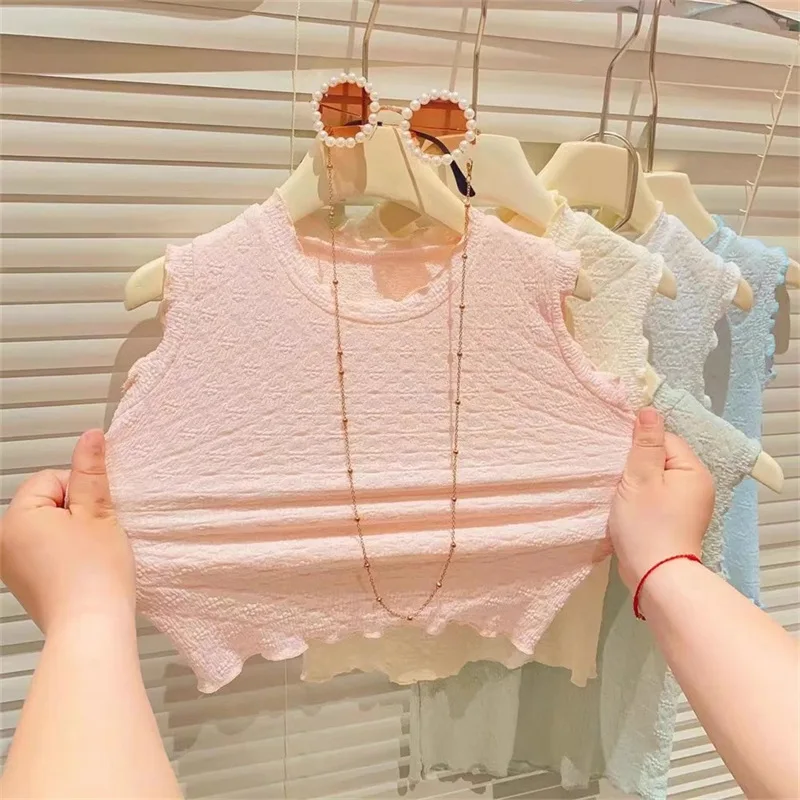 Girls Fashionable Soft Lace Tank Top 2024 Summer New Childrens Casual Five Colour T-shirt Kids Clothes Girl Summer Vest