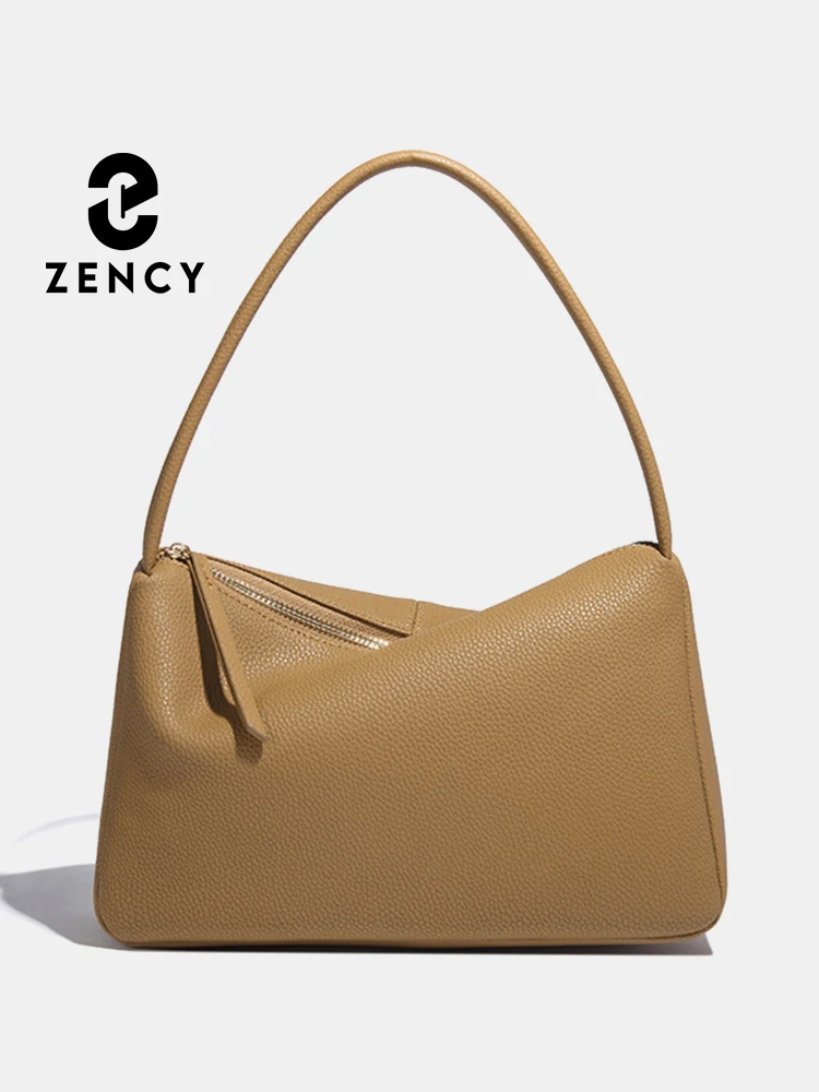 Zency Elegant Genuine Leather Top-handle Bag For Women Simple Shoulder Handbag Ladies Underarm Bag Beige Brown Top Zipper