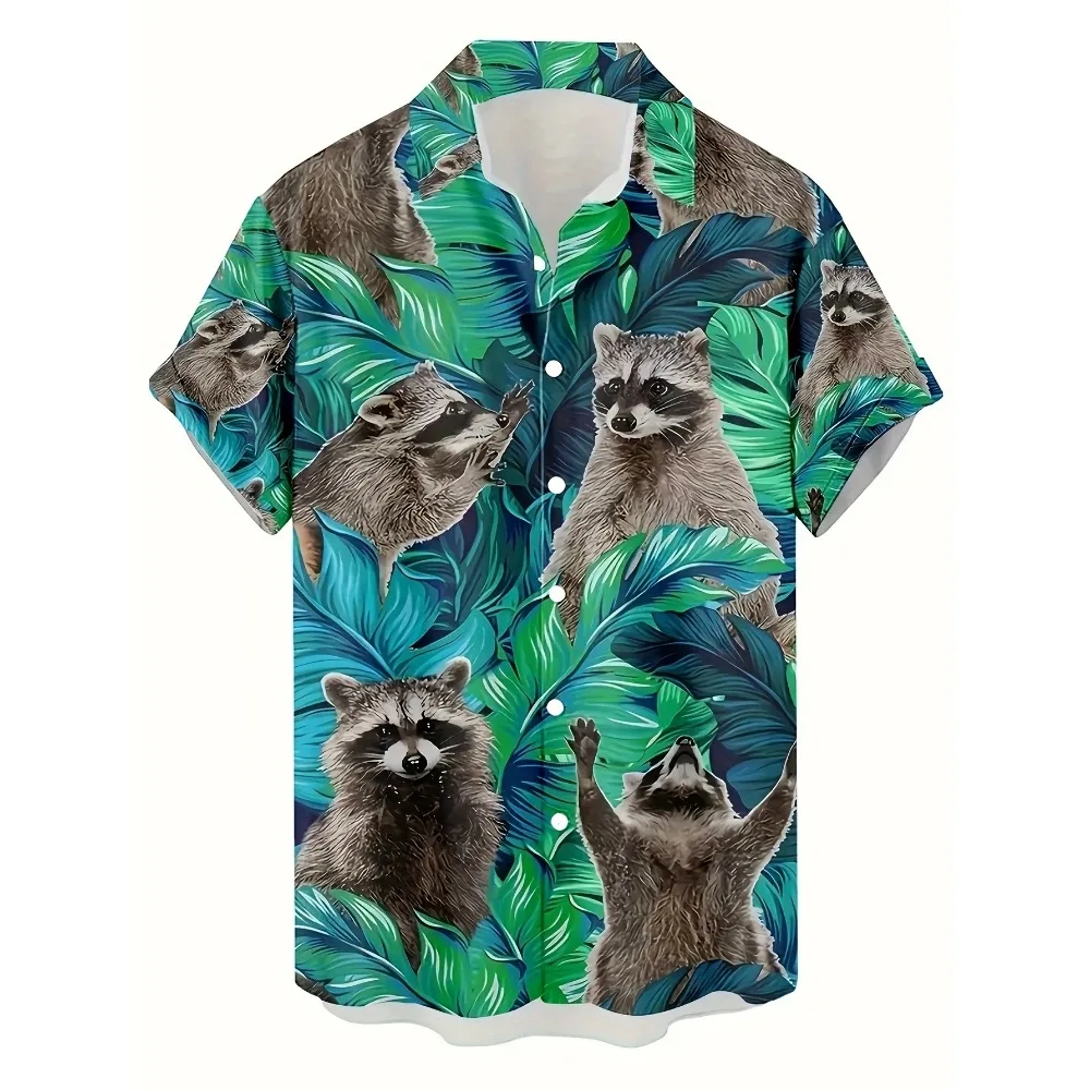 Tropical Animal Raccoon Aloha Shirt Men Jungle Green Leaf Print Loose Short Sleeve Lightweight Vacation Casual Top
