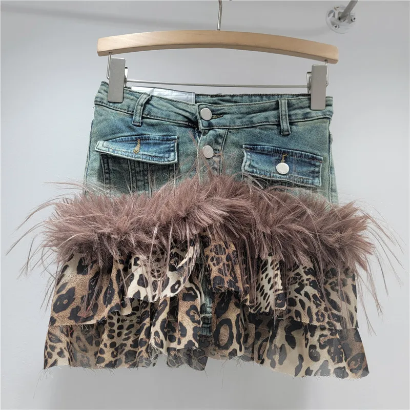 Y2K Hot Girl Cake Leopard Print Short Skirt, Women's American Retro Style Outfit, Patchwork Furry Denim Short Skirts