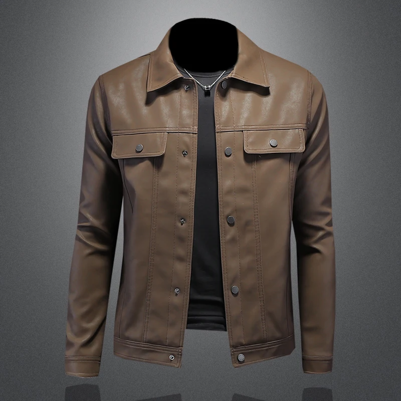 

Мужская кожаная куртка Slim Fit для мотоциклистов с воротником-стойкой, повседневная, осенне-зимняя, модная, ветрозащитная