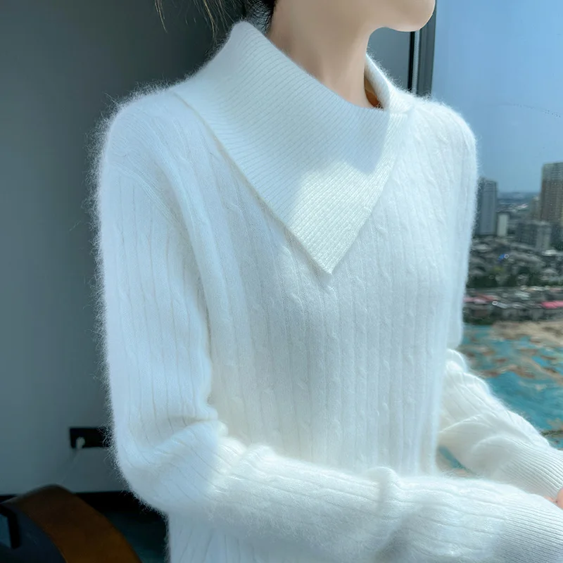 

Autumn Winter New 100% Mink Cashmere Sweater Women's Pullover Loose Comfortable Long Sleeve Solid Scarf Collar Bottom Knitwear