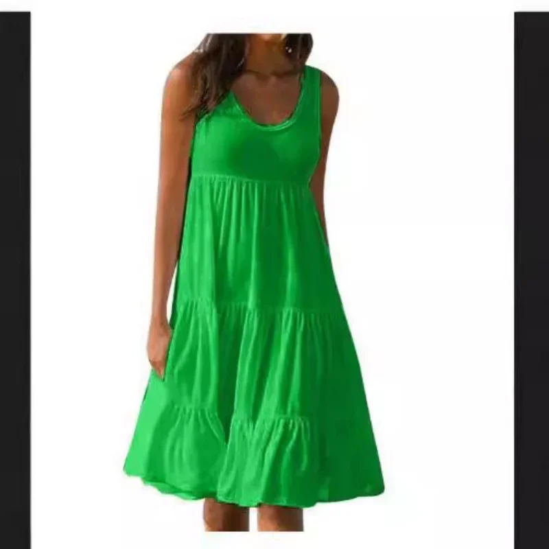 Vestido casual de mujer bohemio sin mangas con escote redondo y volantes, color liso, estilo playero, holgado y suelto, talla plus para mujer 3029 5