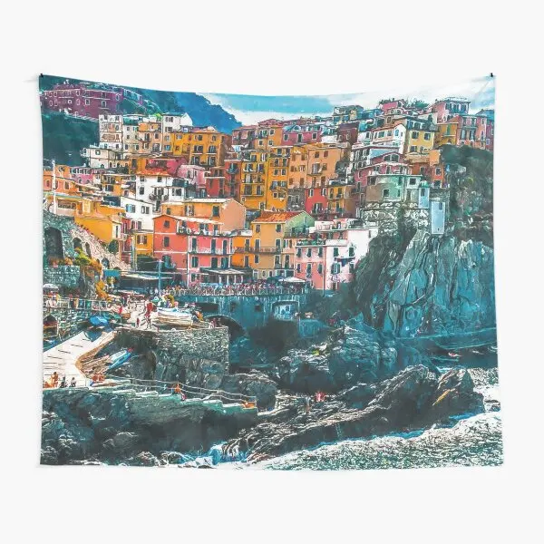 Europe Italy Cinque Terre Tapestry Cliff Coastline Tapestry Nature Landscape Tapestry Wall Hanging for Home Bedroom Living Room