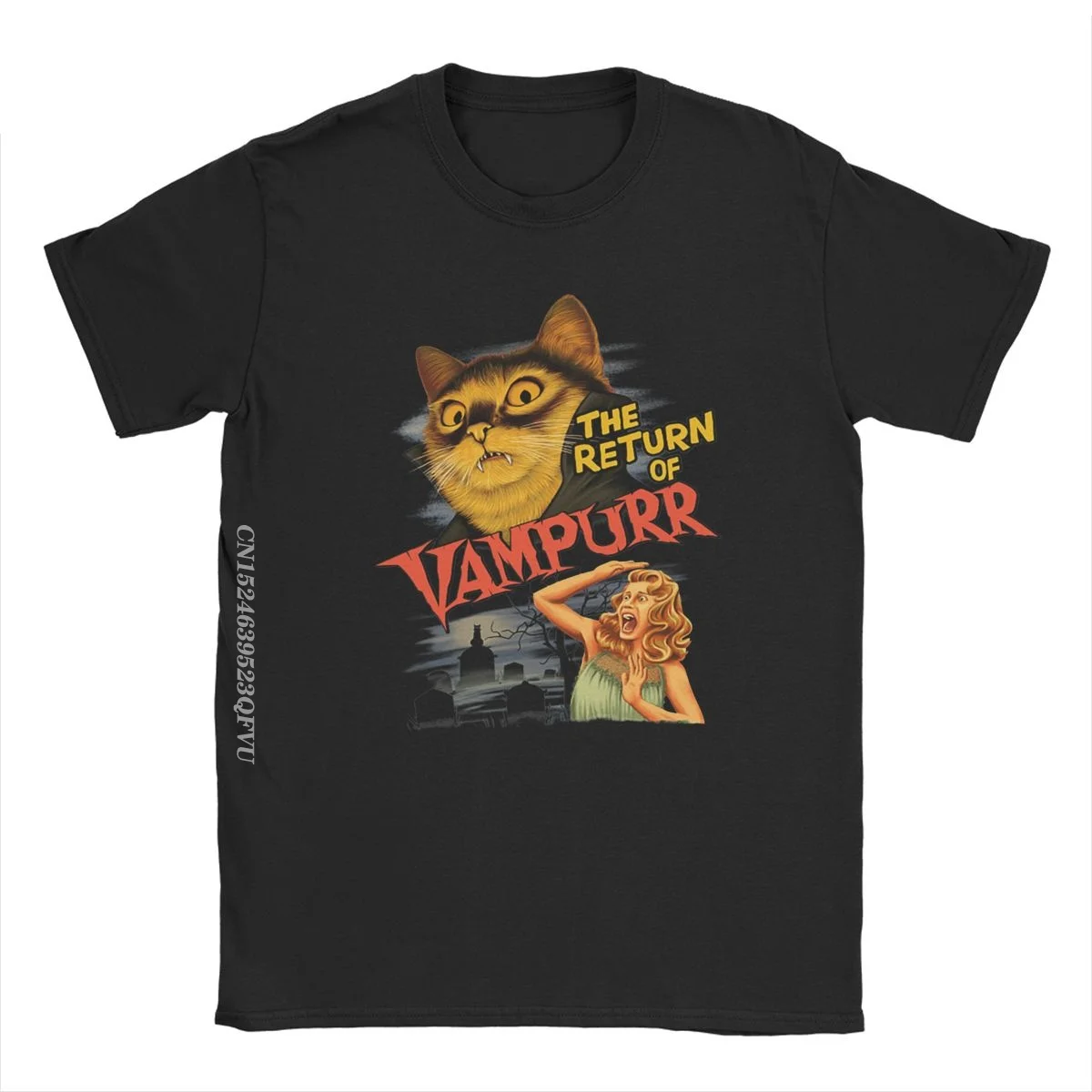 Camiseta de algodón con estampado de gato el regreso de Vampurr para hombre y mujer, camisa Harajuku de Horror para Halloween, ropa de cuello