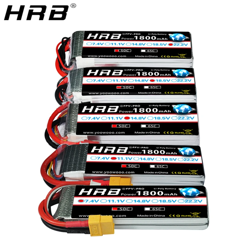 HRB 1PCS 1800mah Lipo 2S 3S 4S 6S 5S Battery 7.4V 11.1V 14.8V 22.2V 18.5V Lipo 50C XT60 T for RC Car truck Drone Airplane