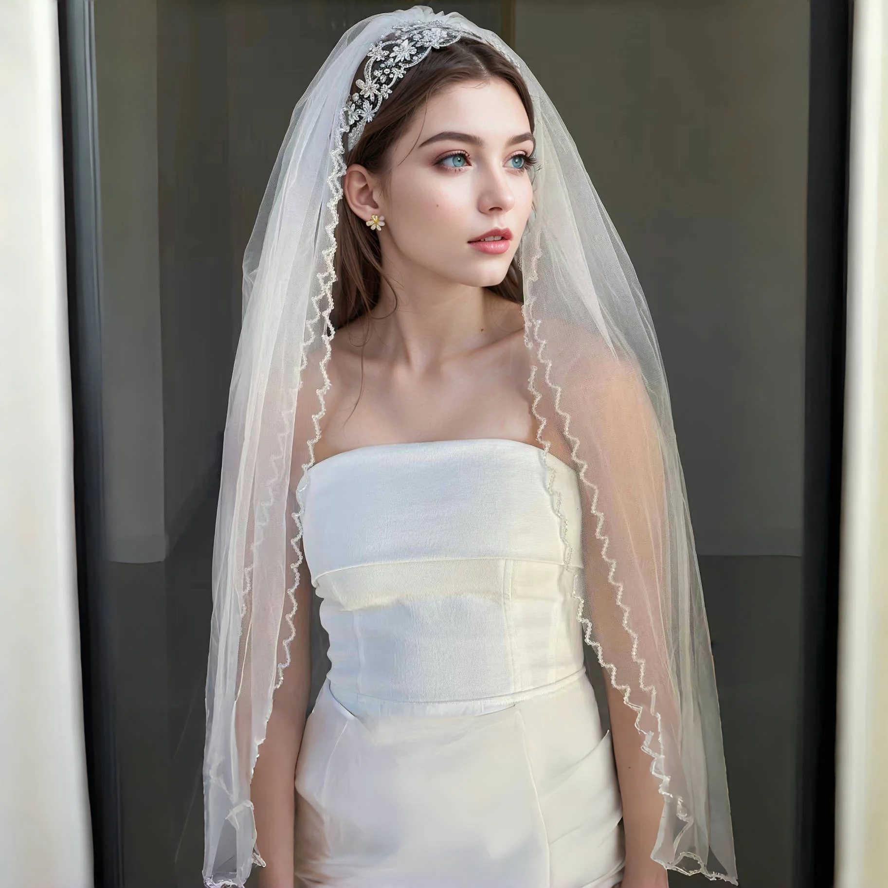 Elegant 2 Tier Wedding Veil with Crystal Edge Bridal Veils Cover Front and Back of Wedding Dresses Soft Tulle Accessory v198