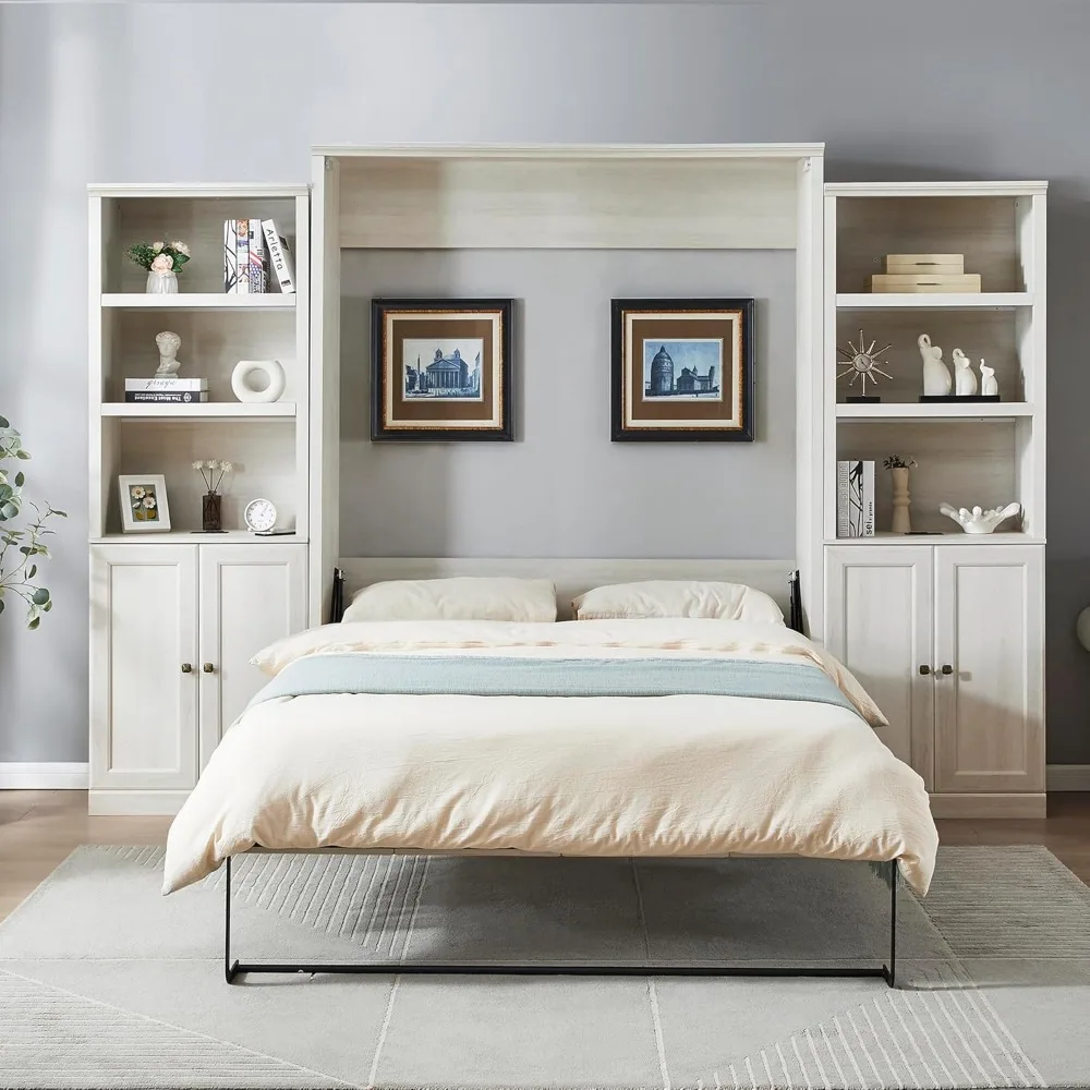 Queen Size Murphy Bed Frame with 2 Side Cabinet Storage Shelf, Wood Wall Bed Cabinet Bed Queen with USB Ports.