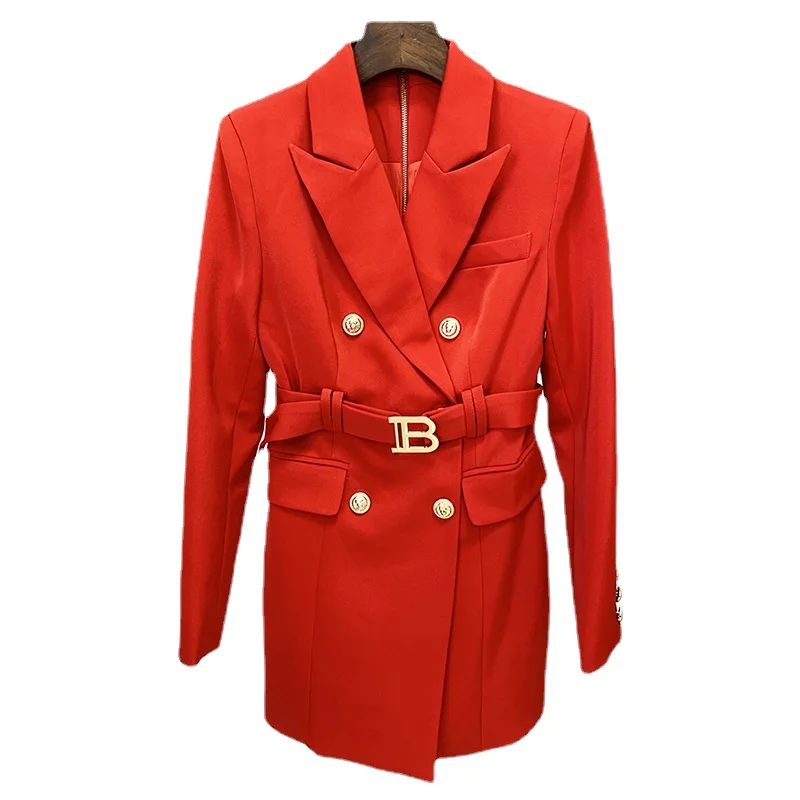 

High Quality Classic Mini Dresses for Women Wear A Belt Lion Head Gold Buttons Slim Suit Dress Women Long Sleeves Lapel Vistidos