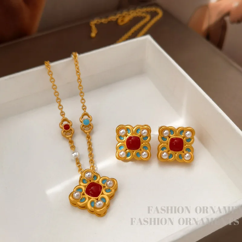 Fashion Jewelry Original Design Gold Color Vintage Flower Necklace Earrings For Women Wedding Gifts Delicate Design Accessories