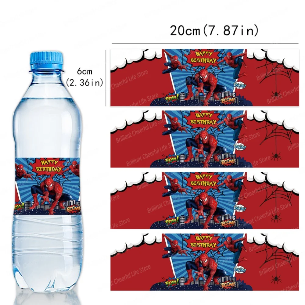 10/20/30 pezzi Spiderman etichetta bottiglia d'acqua decorazione di compleanno forniture per feste adesivi supereroi impermeabili per ragazzi baby shower