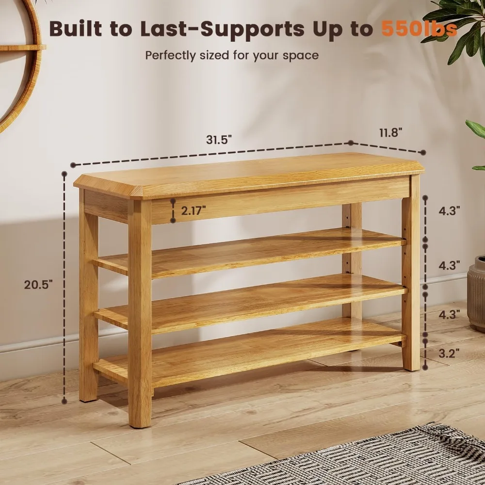 مقعد تخزين من الخشب المطاطي الحديث من منتصف القرن مع رف أحذية، سعة 550 رطل، تصميم مدمج للمدخل والممرات