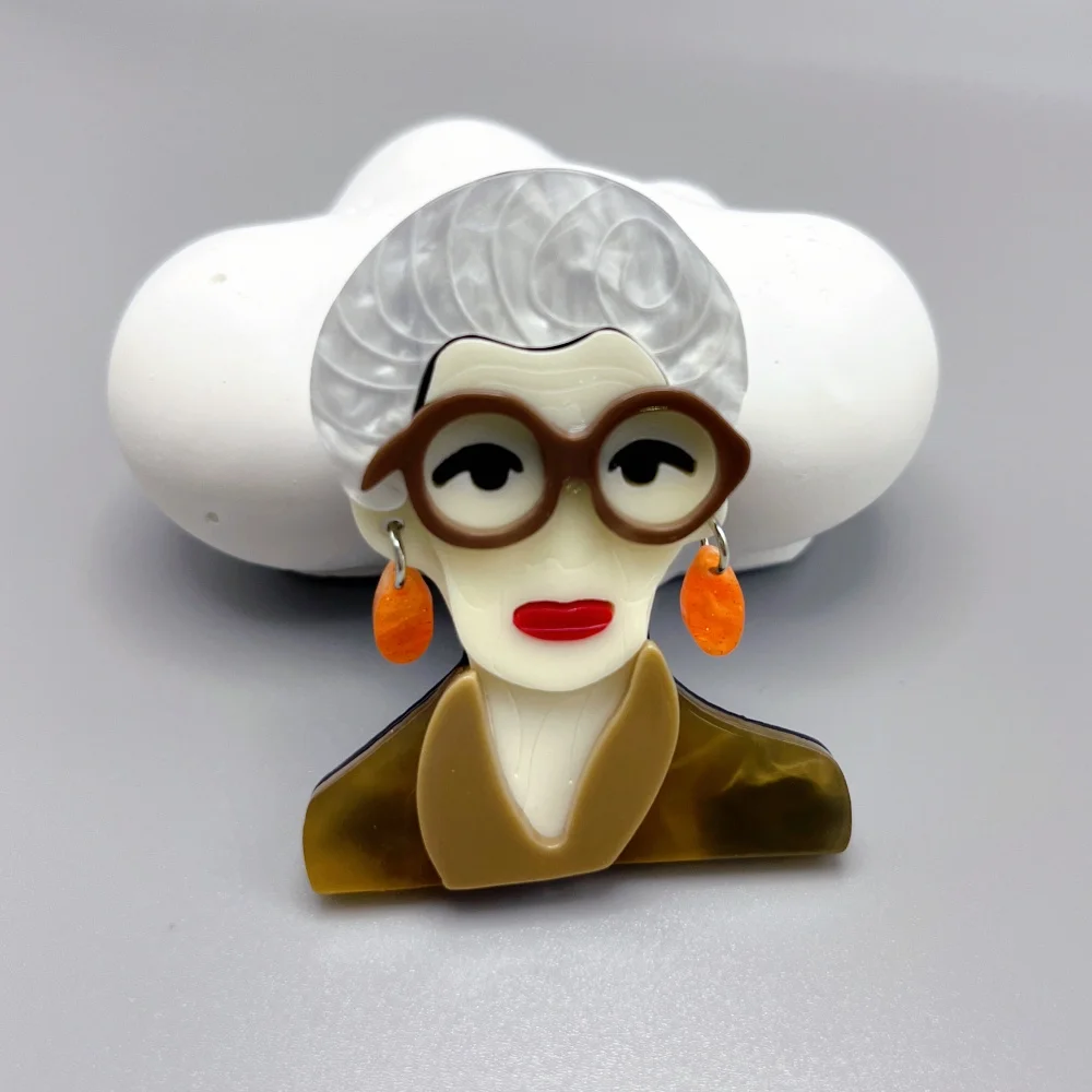 Grandma Wearing Glasses Dignified Old Lady Acrylic Brooch Pin Jewelry Gift