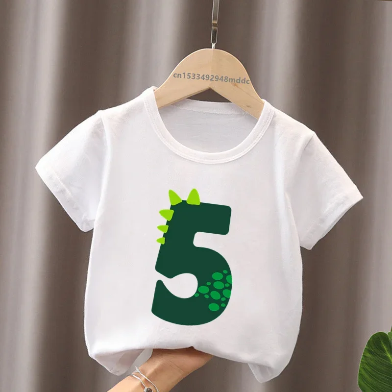 Camiseta con lazo de número de cumpleaños de dinosaurio pequeño para niños, Ropa para Niñas, camisetas de manga corta para bebés, 1, 2, 3, 4, 5, 6,