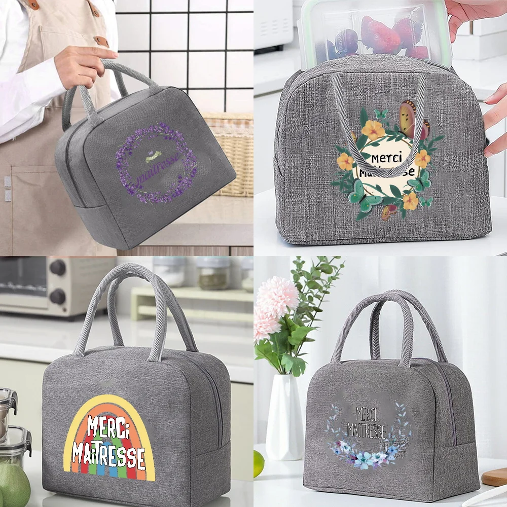 Fresh Warmer Bags Portable Zipper Thermal Maitresse Print Canvas Lunch Bags for Women Convenient Dinner Box Tote Food Handbag