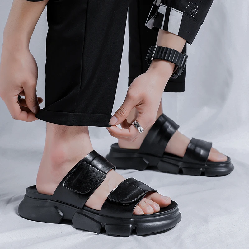 Men Black Leather Sandals with Thick Soles and No Tie Up Cuffs Trendy Comfortable Open-toe Outdoor Anti Slip Beach Shoes