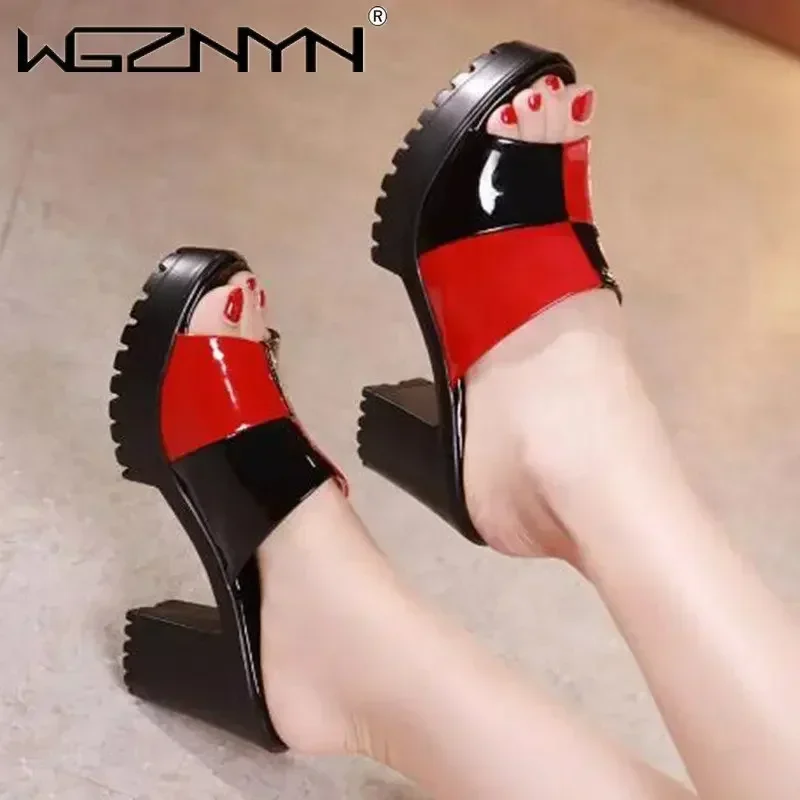 

2026 NEW Fashion Women's Slip-on Slippers Summer New Patent Leather Open Toe Sandals Mixed Colors Chunky Heel High Heels Female
