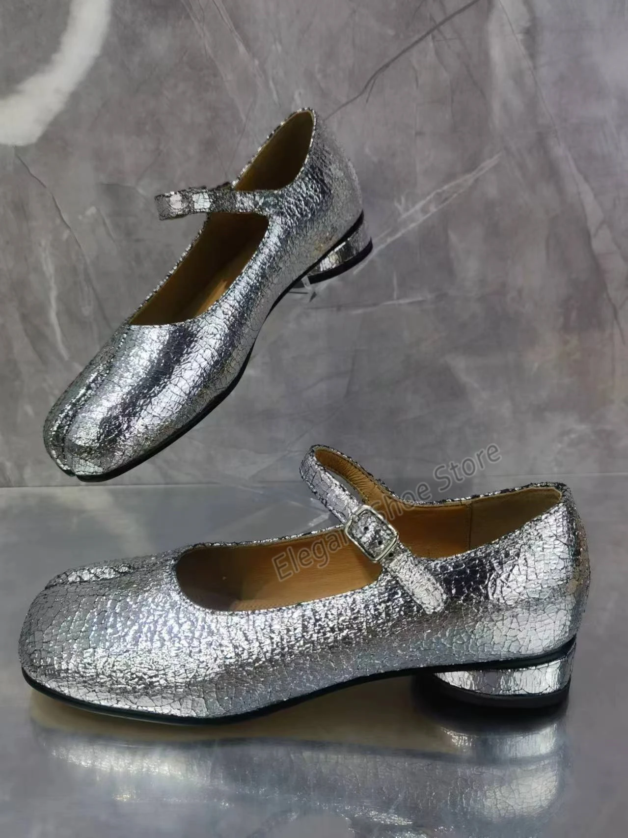 Split Teen Damesschoenen Bling Zilver Lage Hak Pumps Nieuwigheid Effen Kleur Casual Schoenen Zomer Hoge Kwaliteit Lederen Mary Jane Schoenen