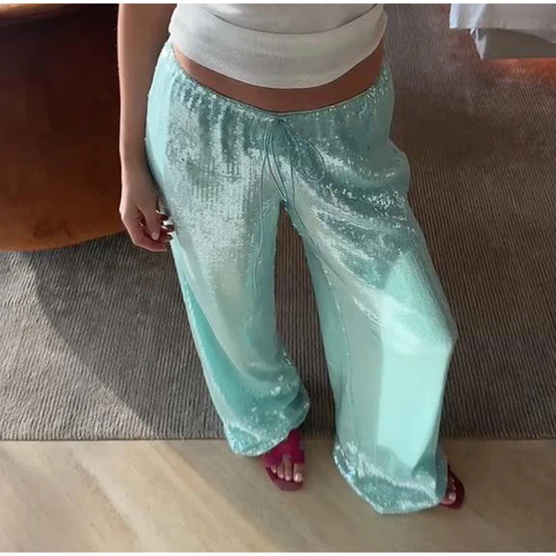 Sequin Loose Summer Women's Pants Low-rise Drawstring Straight Wide Leg Y2k Pant And Trousers New Beach Casual Clothes 2026