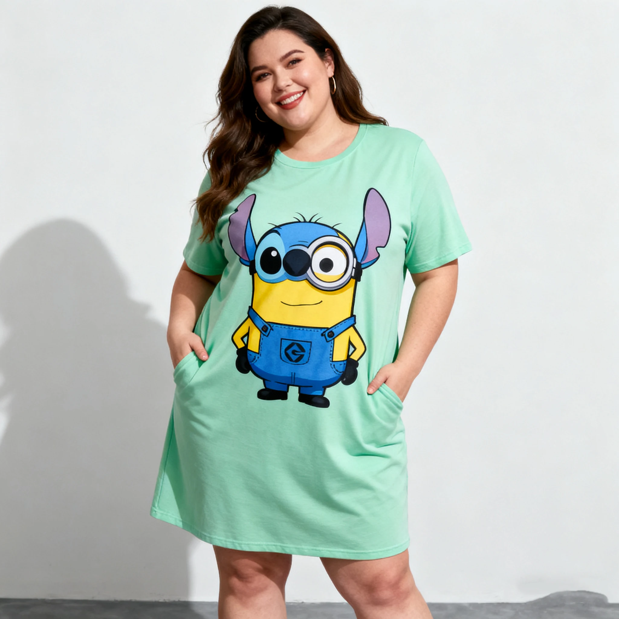 

Женское платье больших размеров 202, лето-осень, прохладное и освежающее, с короткими рукавами, с принтом Миньонов и Стива, дышащее, Disney IP