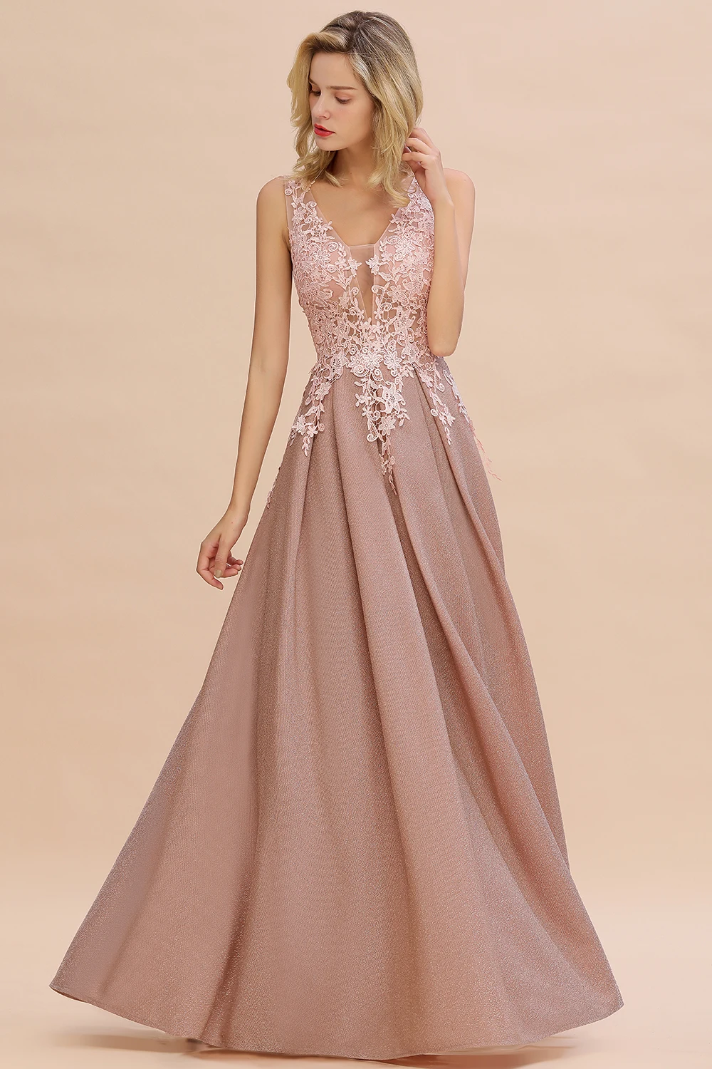 STEPHANIE Lace Appliques Long Bridesmaid Dresses for Women Party Elegant Dusty Pink V-neck A-Line Maxi Floor Length Gown Evening