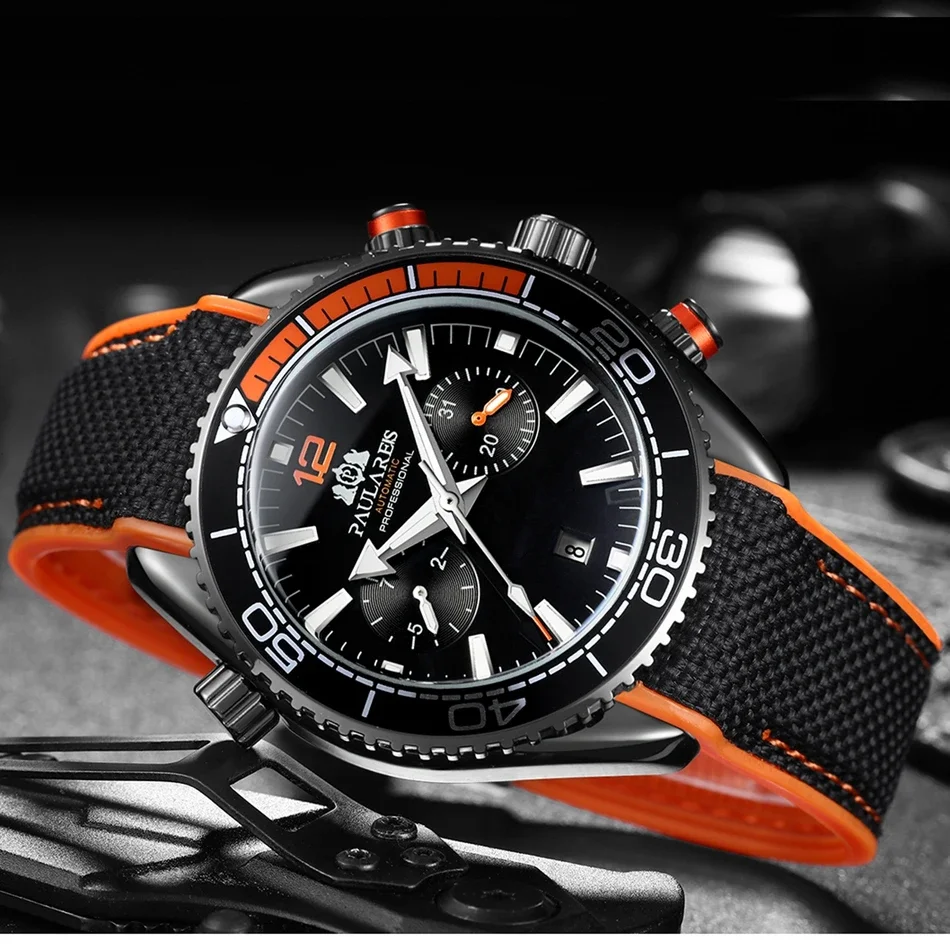 Automatic Watches for Men Mechanical Self Wind Canvas Rubber Strap Orange Blue Multifunction Date Month Reloj Hombre Baratos