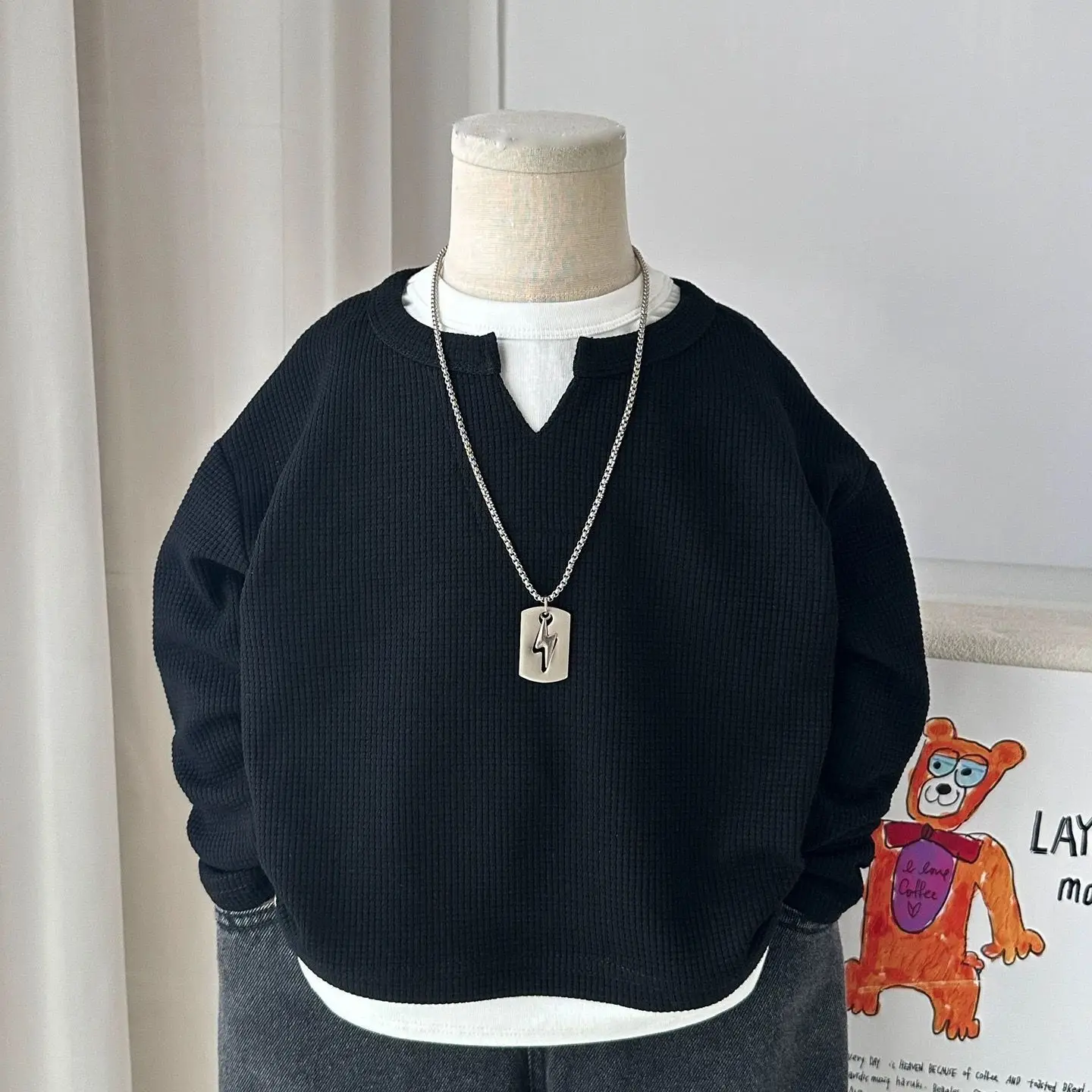 Kids Boys Waffle Grid Long Sleeved V-neck T-shirt Spring Autumn 2026 Pullover Cotton Hoodie Kids Handsome Fake Two Items Tops