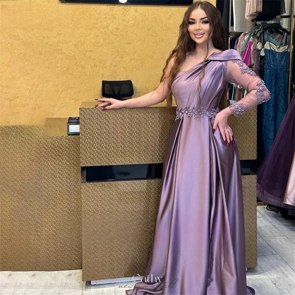 

Cathy Purple Satin Wedding Dresses One Shoulder A-line Bow فساتين سهرة Elegant Illusion Sleeves Floor-length vestidos de fiesta