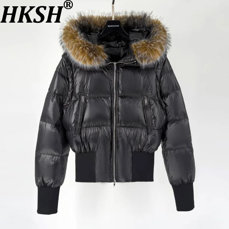 

HKSH Winter New Women Down Coat Detachable Sleeves Waist Cinching Fur Collar Hooded Zipper Pockets Chic Tide Puff Jacket HK17659
