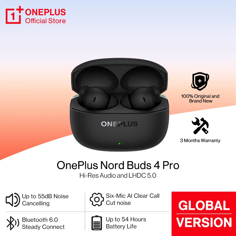 

Наушники OnePlus Nord Buds 4 Pro Global Version с Bluetooth 6.0, шумоподавлением до 55 дБ, до 54 часов работы, беспроводные наушники.