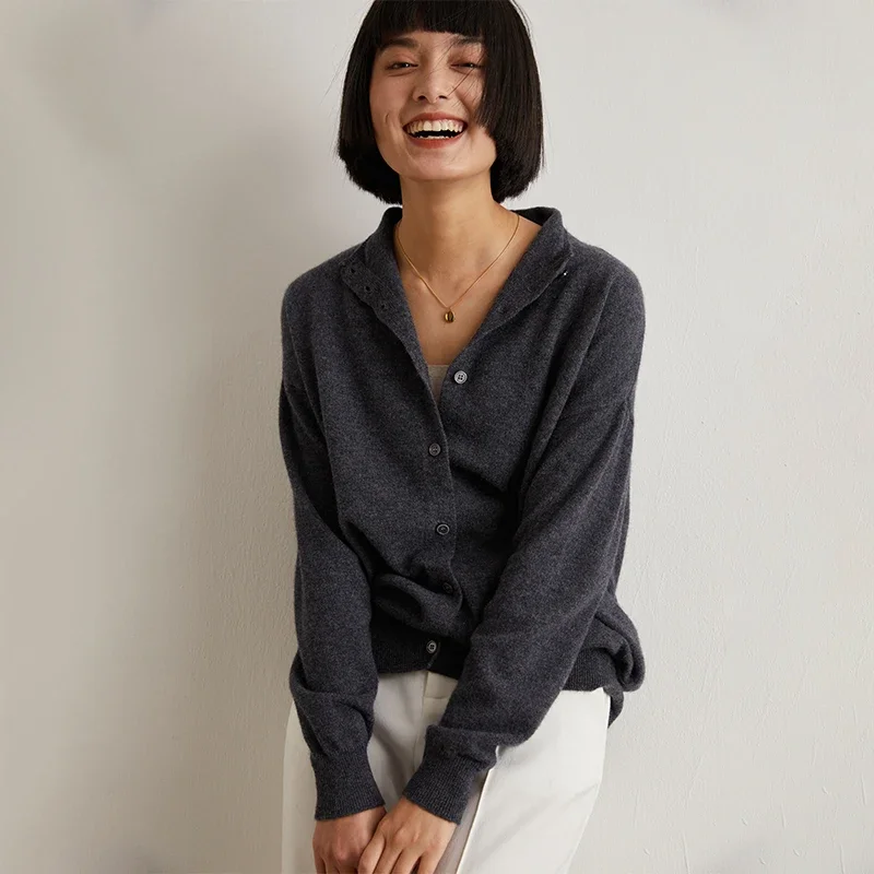 Women's Slim Fit Wool Cardigan Semi-High Neck Solid Color Long Sleeve Cashmere Knitted Sweater Versatile Casual Coat