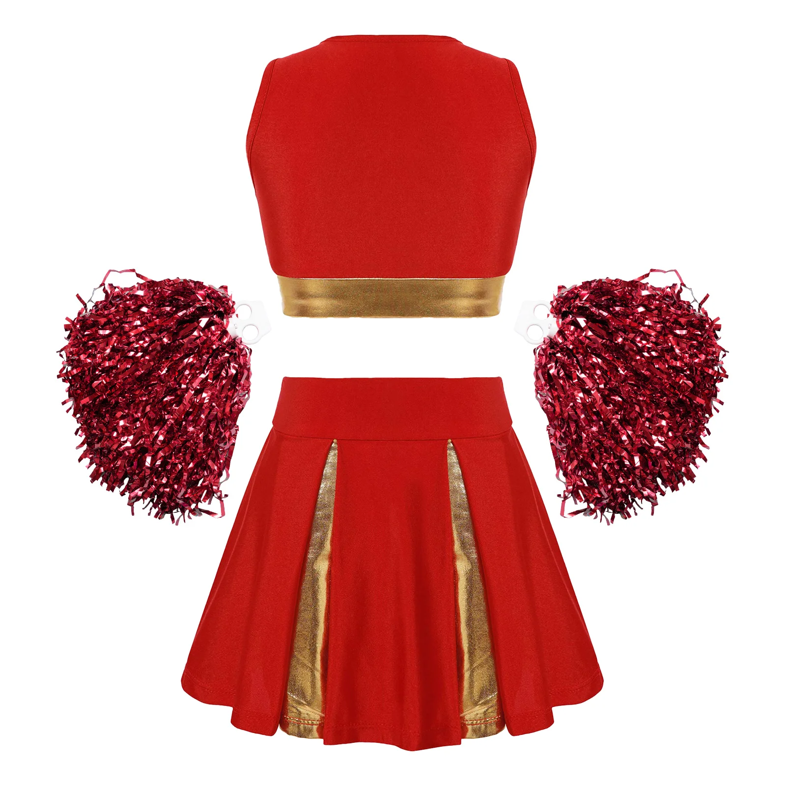 Kids Girls Cheerleading Uniform Set Patchwork Dance Crop Top Skirt and Flower Balls for Dancing Competition Cheerleader Costume