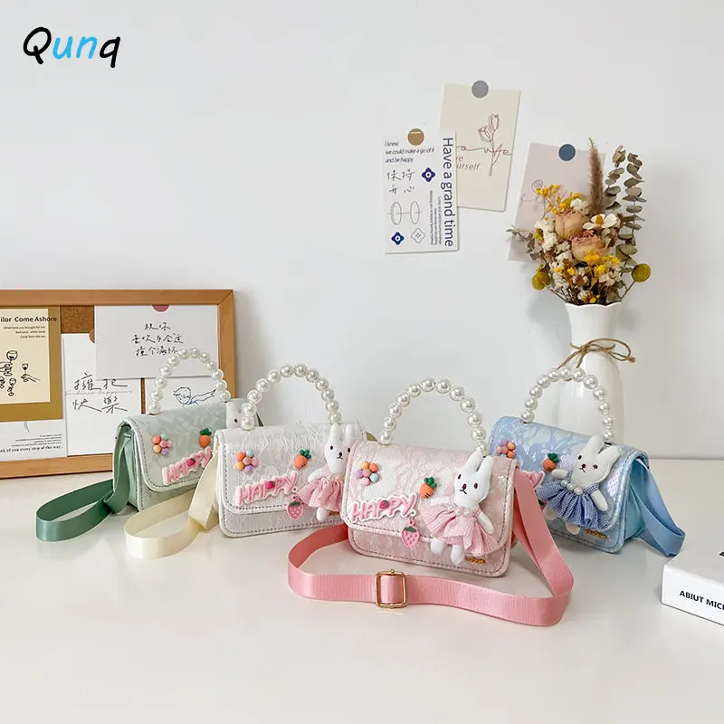 Qunq 2022 Autumn New Children's Bag Pearl Bow Hand Princess Accessory Girls Lovely Cartoon Bunny One Shoulder Crossbody Bag