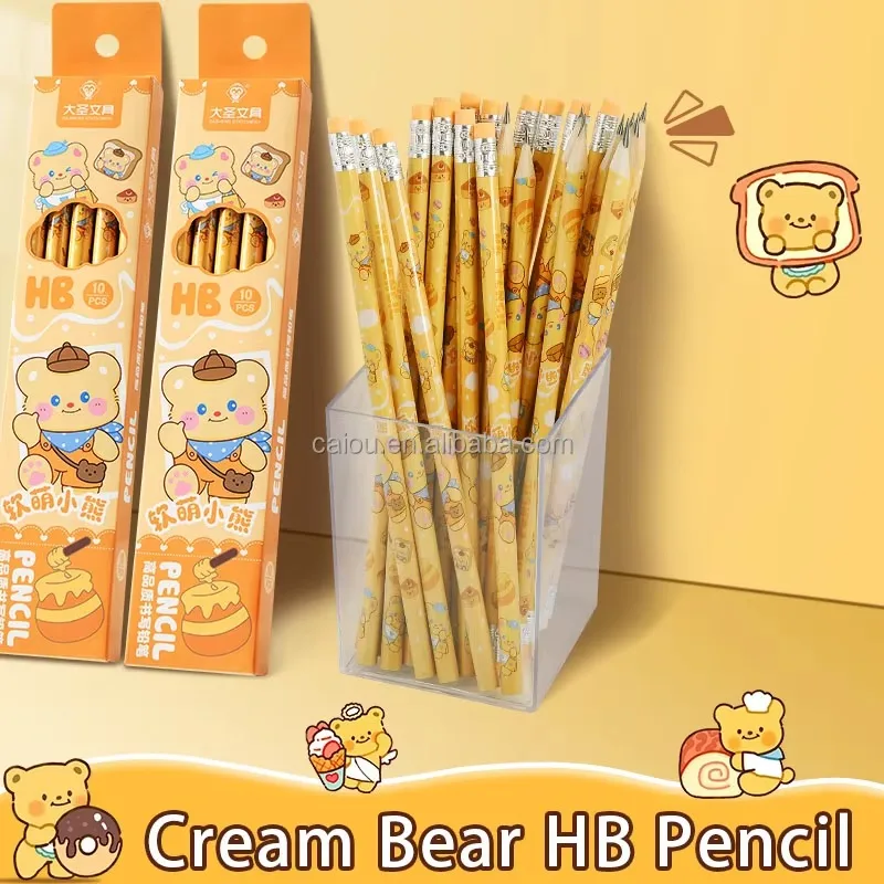 10pcs Cute Butter Bear Pencil Sketching Drawing Pencil With Eraser Unpointed For School Office Students Stationery Supply Pencil