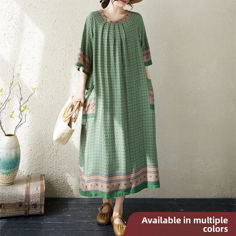 

Летнее новое свободное хлопковое платье с принтом для женщин, в этническом стиле, с коротким рукавом, миди, в художественном стиле, больших размеров.