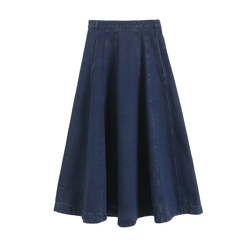 

Women 2024 Spring New Fashion Seamed Denim Pleated High Waist Skirt Chic Side Zipper All-Match Pocket Casual Skirt Mujer