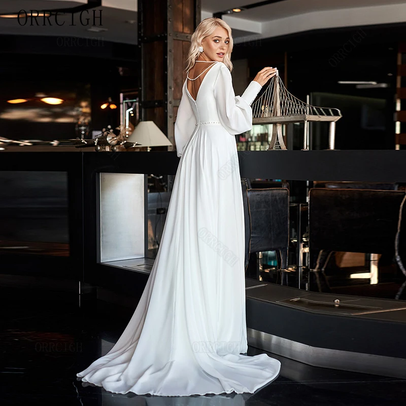 Civil Wedding Dresses for Bride Long Sleeve V Neck Jersey Bridal Gown Zipper Back Solid Engagement Dress