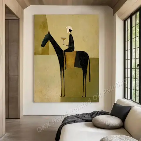 Pintura al Óleo Abstracta Moderna de Mediados de Siglo sobre Lienzo - Hombre Montando a Caballo con Copa de Vino, Decoración de Pared para Sala de Estar