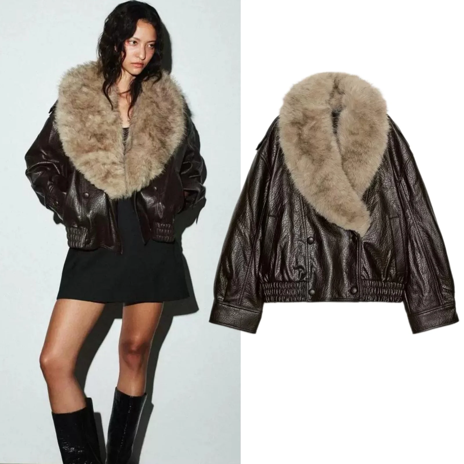 Fashionable Casual Removable Fur Collar Biker Style PU Leather Jacket Women's Coat Autumn Winter New Arrival 4341853