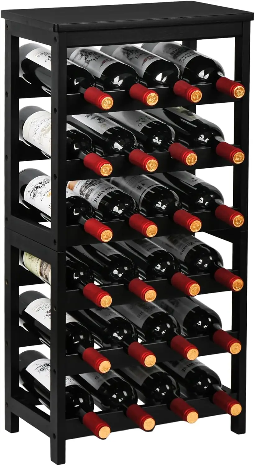 

6-Tier Freestanding Wine Rack with Table Top, Holds 24 Bottles, Bamboo Shelf for Kitchen Bar Dining Living Room, Black