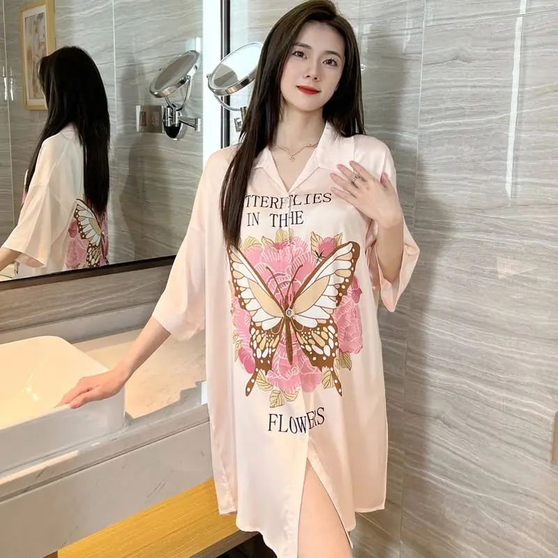 

Ice Silk Pajama Dress Women Summer Short Sleeved Sexy Butterfly Pure Desire Sweet Shirt Skirt Oversized Pajama Dress